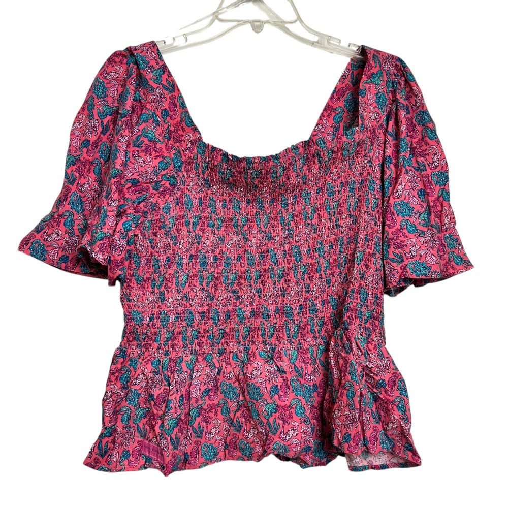 Simply Southern Floral‎ Smocked Peplum Top Pink Blue Seahorse NWT L (3118)